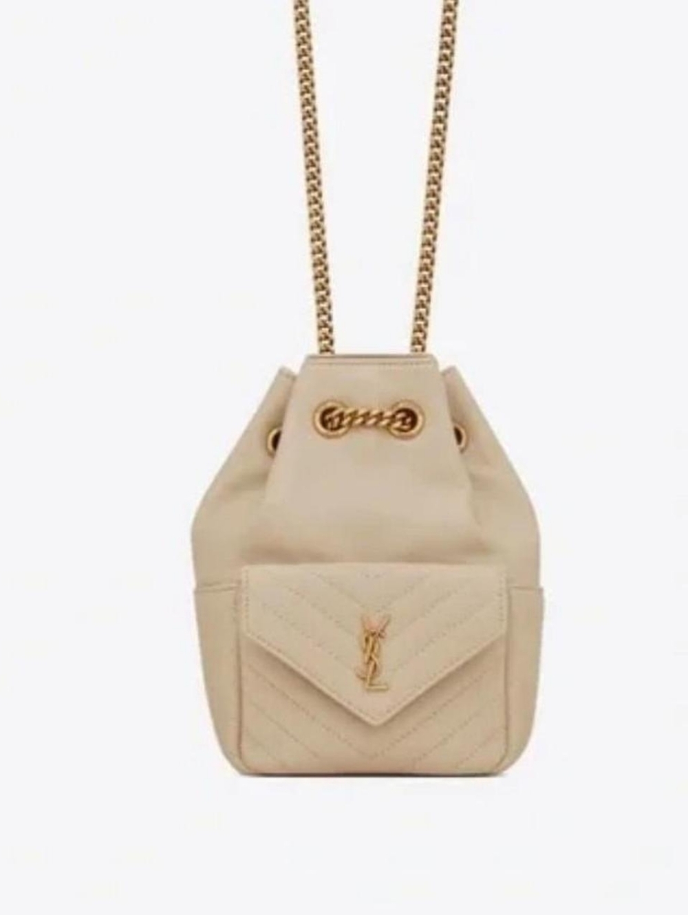Saint Laurent Cream Quilted Mini Drawstring Bag with Gold Chain Strap